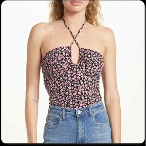 NEW Wayf Tops Wayf Halter Neck Bodysuit Black Ditzy Floral Y2k 90s Size L New